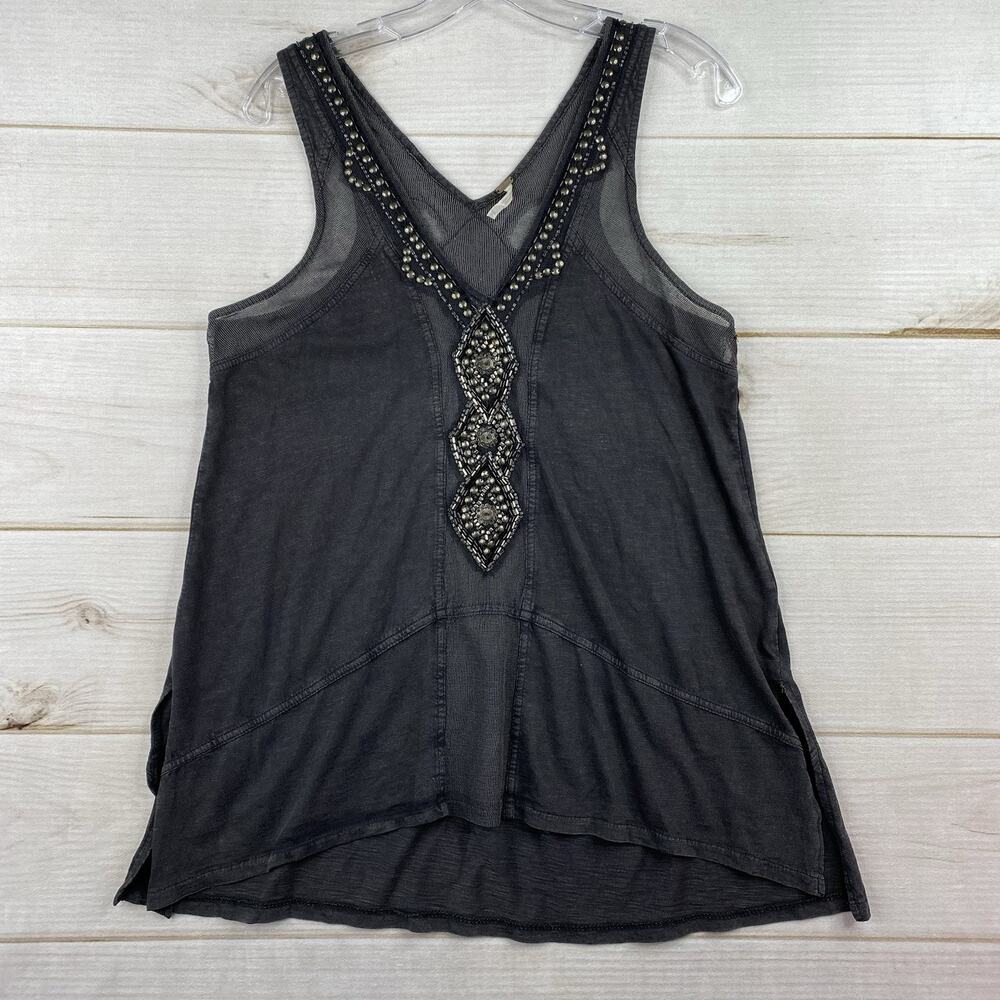 Free People Women Tank Top XS Black Studded Mesh V Neck Grunge Distressed Stretc
